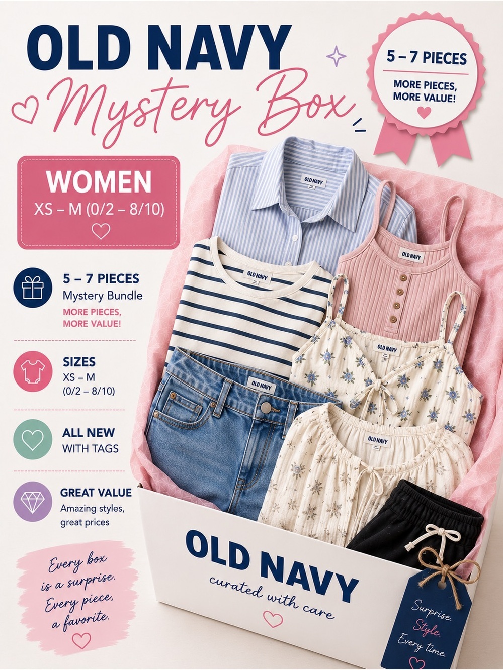 ๐ OLD NAVY Deluxe Mystery Box โข 5-7 Pcs โข Womenโs Sz XS to M โข NWT Only